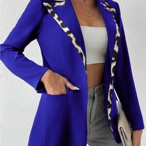 SHEIN Royal Blue Blazer with Animal Print Trim